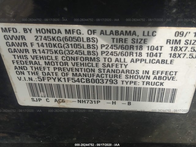 Photo 8 VIN: 5FPYK1F54CB003793 - HONDA RIDGELINE 