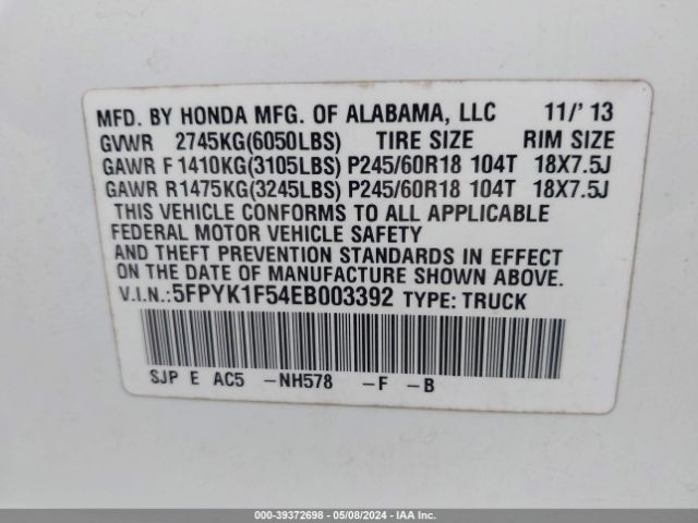 Photo 8 VIN: 5FPYK1F54EB003392 - HONDA RIDGELINE 