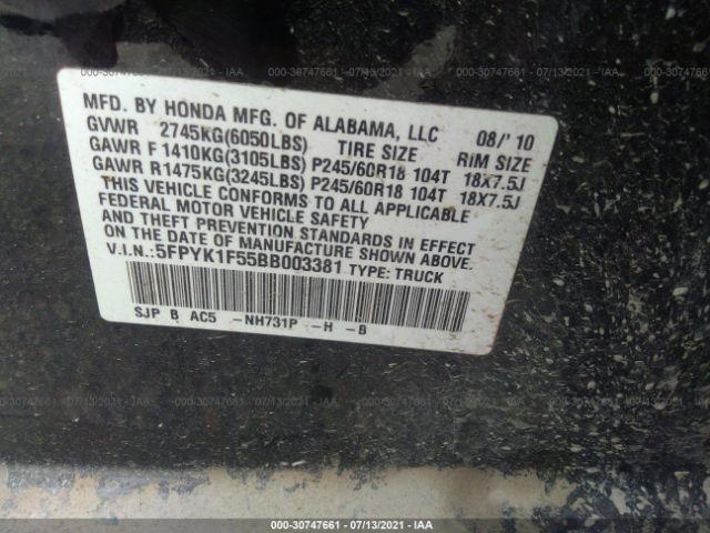 Photo 8 VIN: 5FPYK1F55BB003381 - HONDA RIDGELINE 