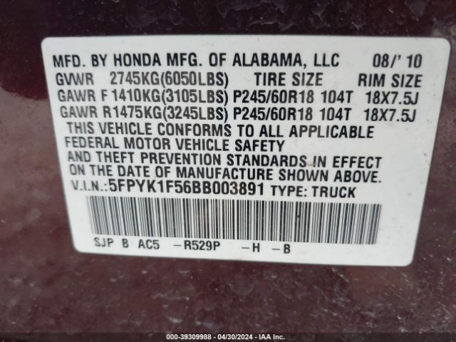 Photo 8 VIN: 5FPYK1F56BB003891 - HONDA RIDGELINE 