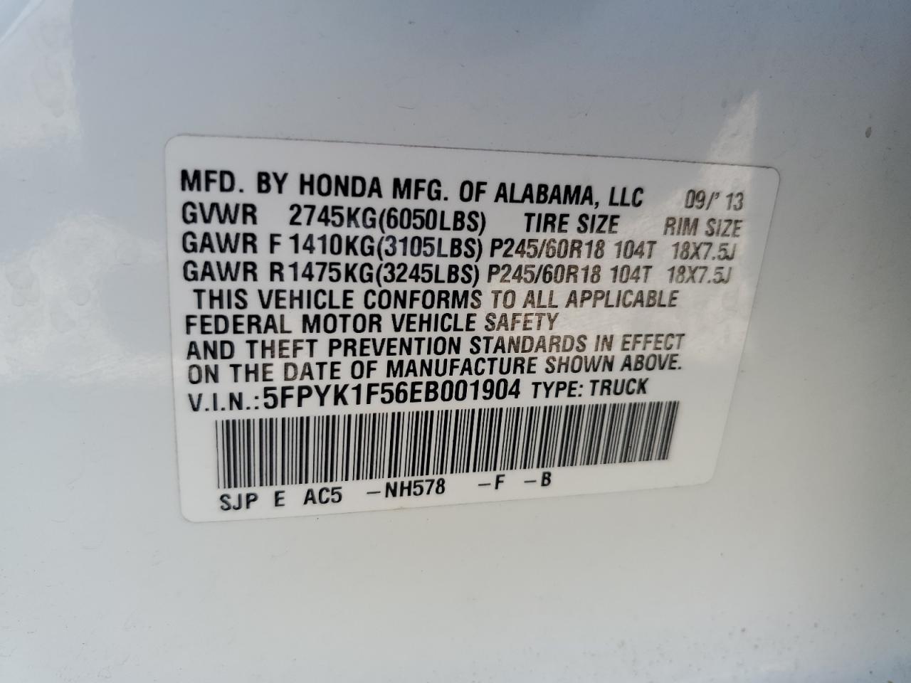 Photo 11 VIN: 5FPYK1F56EB001904 - HONDA RIDGELINE 