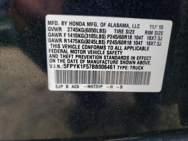 Photo 11 VIN: 5FPYK1F57BB006461 - HONDA RIDGELINE 