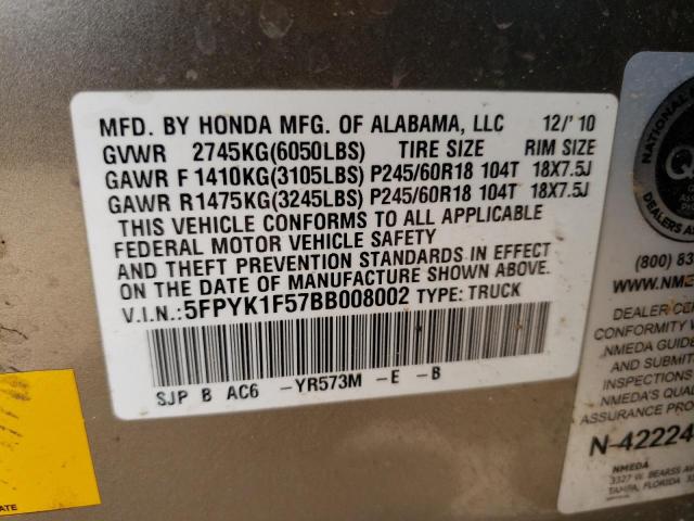 Photo 11 VIN: 5FPYK1F57BB008002 - HONDA RIDGELINE 