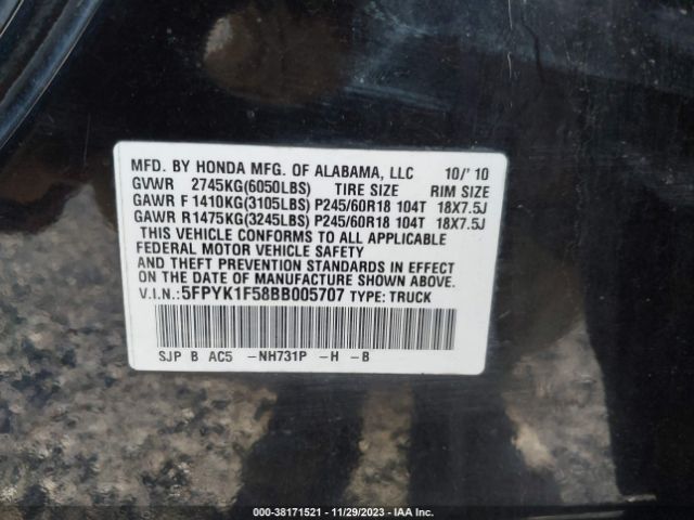 Photo 8 VIN: 5FPYK1F58BB005707 - HONDA RIDGELINE 