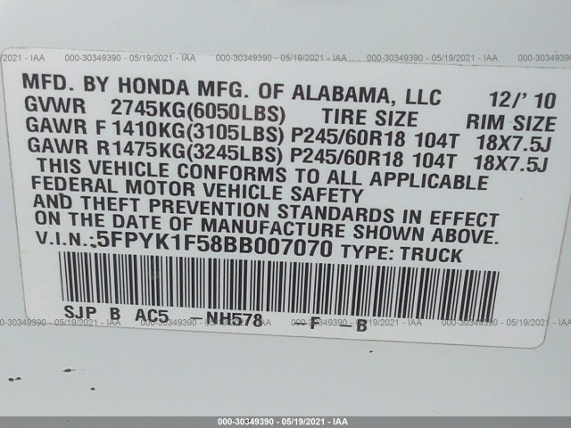 Photo 8 VIN: 5FPYK1F58BB007070 - HONDA RIDGELINE 