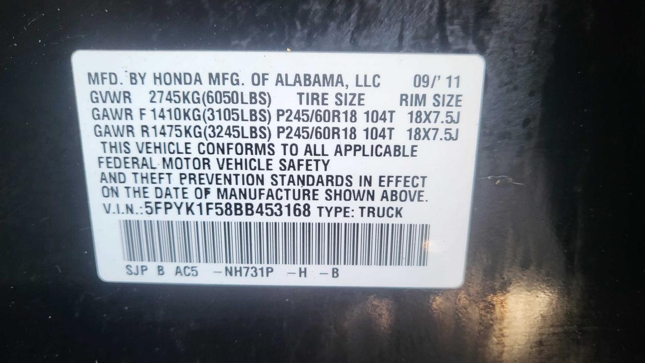 Photo 9 VIN: 5FPYK1F58BB453168 - HONDA RIDGELINE 