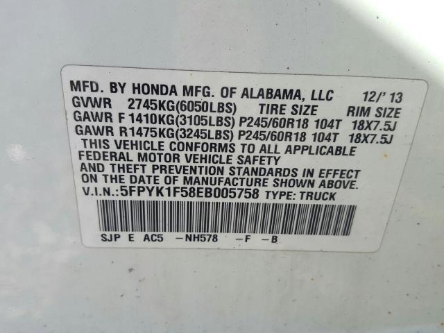 Photo 9 VIN: 5FPYK1F58EB005758 - HONDA RIDGELINE 