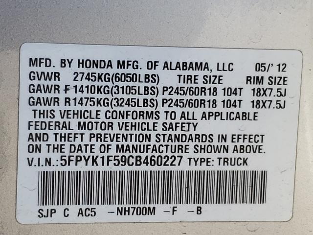 Photo 9 VIN: 5FPYK1F59CB460227 - HONDA RIDGELINE 