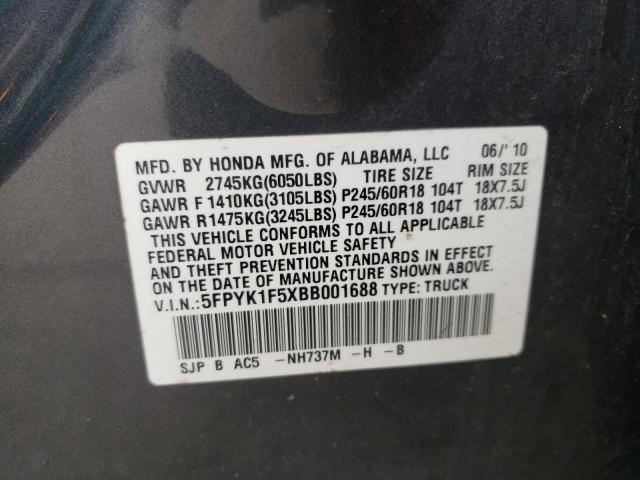 Photo 9 VIN: 5FPYK1F5XBB001688 - HONDA RIDGELINE 