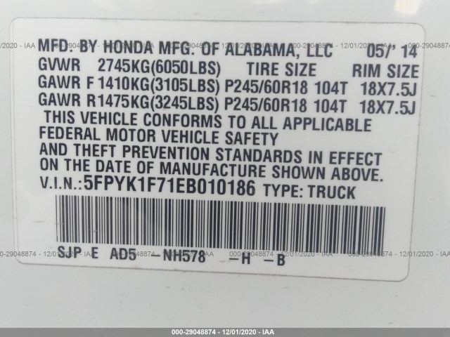 Photo 8 VIN: 5FPYK1F71EB010186 - HONDA RIDGELINE 