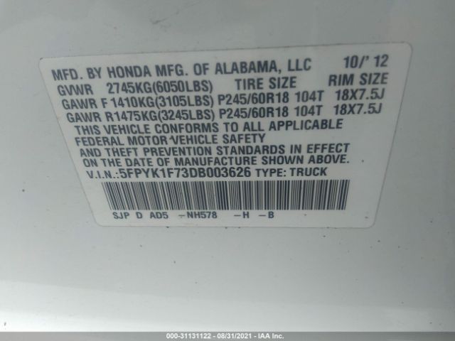 Photo 8 VIN: 5FPYK1F73DB003626 - HONDA RIDGELINE 