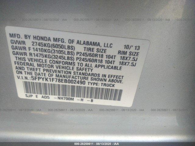 Photo 8 VIN: 5FPYK1F78EB002490 - HONDA RIDGELINE 