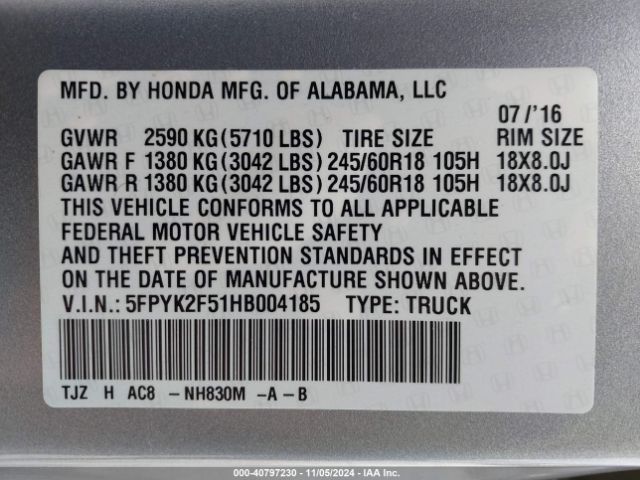 Photo 8 VIN: 5FPYK2F51HB004185 - HONDA RIDGELINE 