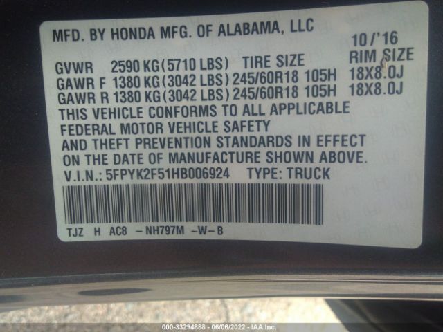 Photo 8 VIN: 5FPYK2F51HB006924 - HONDA RIDGELINE 