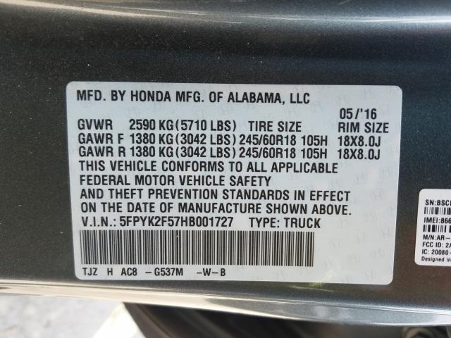 Photo 9 VIN: 5FPYK2F57HB001727 - HONDA RIDGELINE 