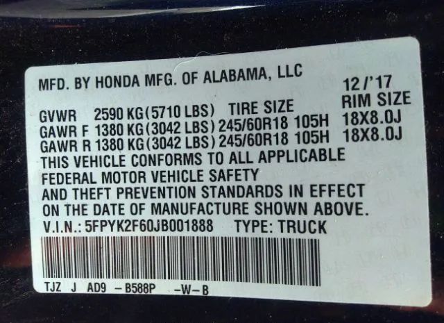 Photo 8 VIN: 5FPYK2F60JB001888 - HONDA RIDGELINE 