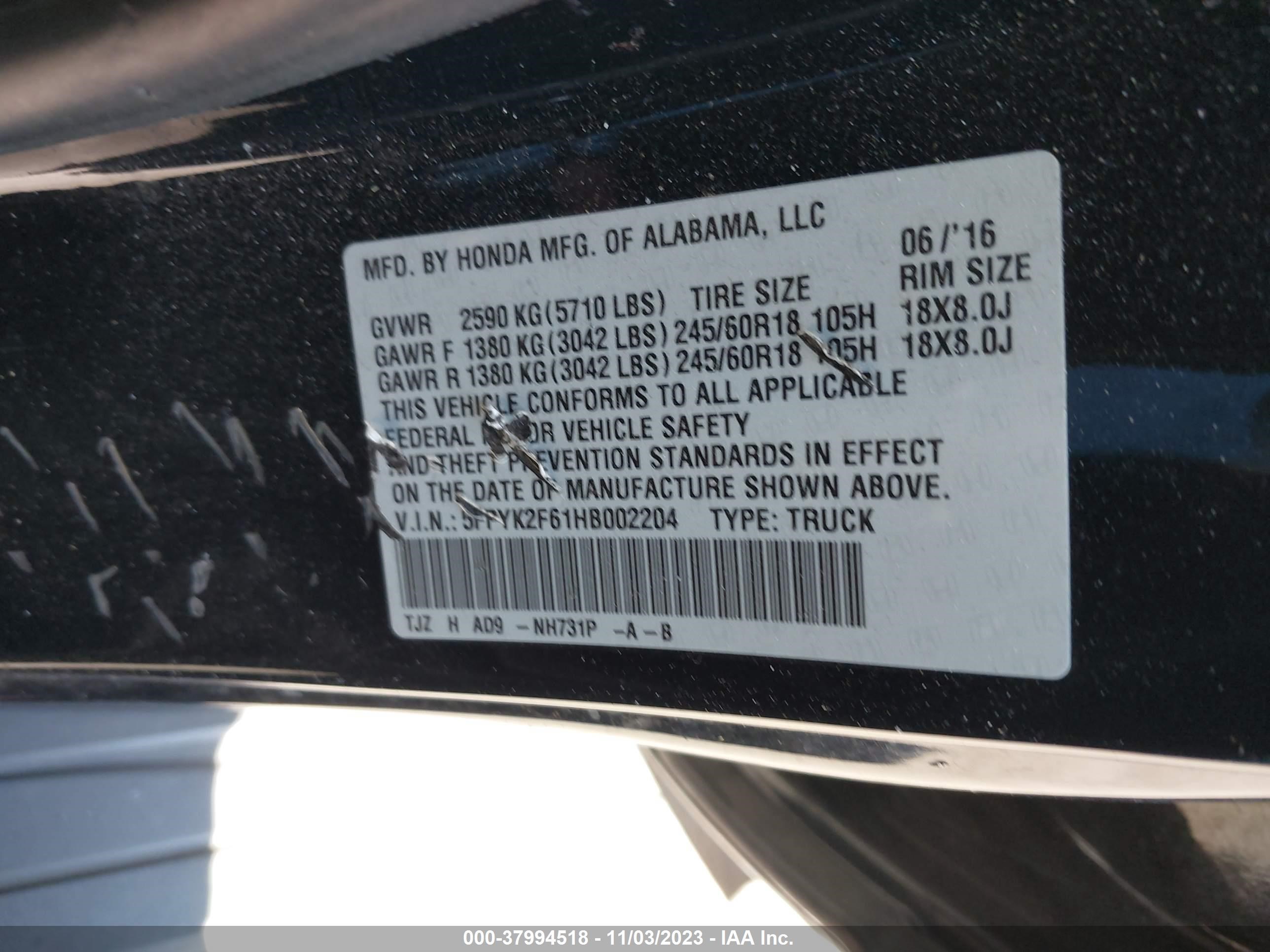 Photo 8 VIN: 5FPYK2F61HB002204 - HONDA RIDGELINE 