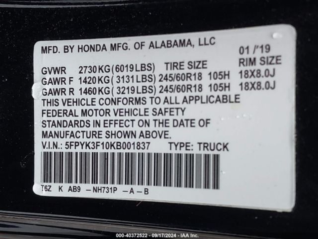 Photo 8 VIN: 5FPYK3F10KB001837 - HONDA RIDGELINE 