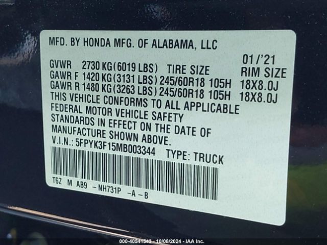 Photo 8 VIN: 5FPYK3F15MB003344 - HONDA RIDGELINE 