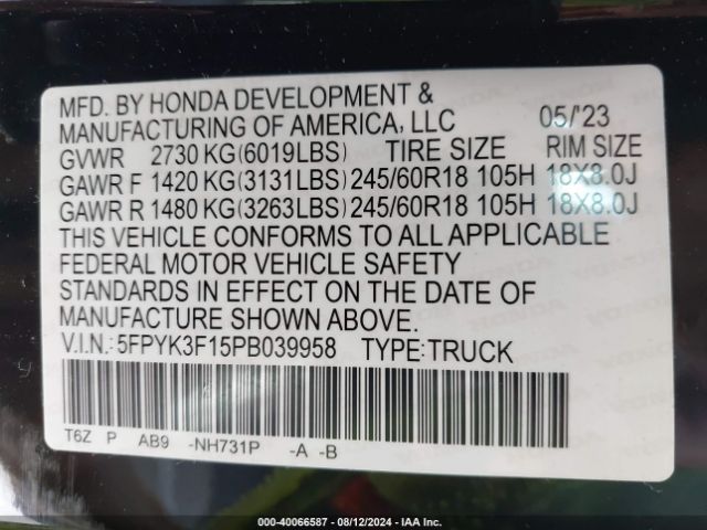 Photo 8 VIN: 5FPYK3F15PB039958 - HONDA RIDGELINE 