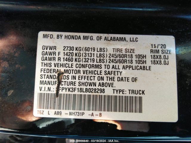 Photo 8 VIN: 5FPYK3F18LB028298 - HONDA RIDGELINE 