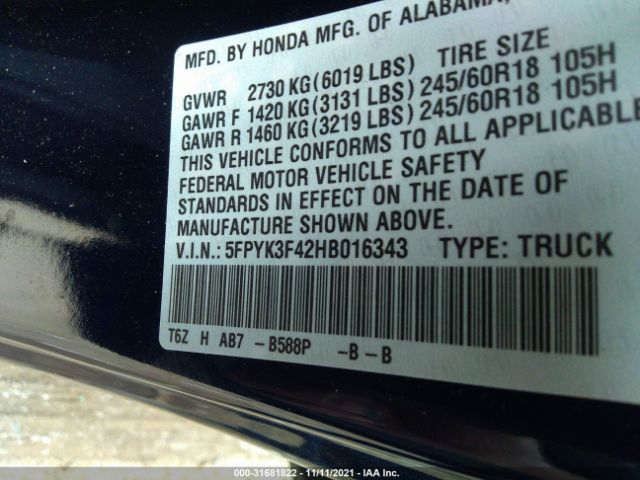 Photo 8 VIN: 5FPYK3F42HB016343 - HONDA RIDGELINE 