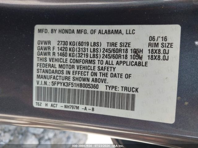 Photo 8 VIN: 5FPYK3F51HB005360 - HONDA RIDGELINE 