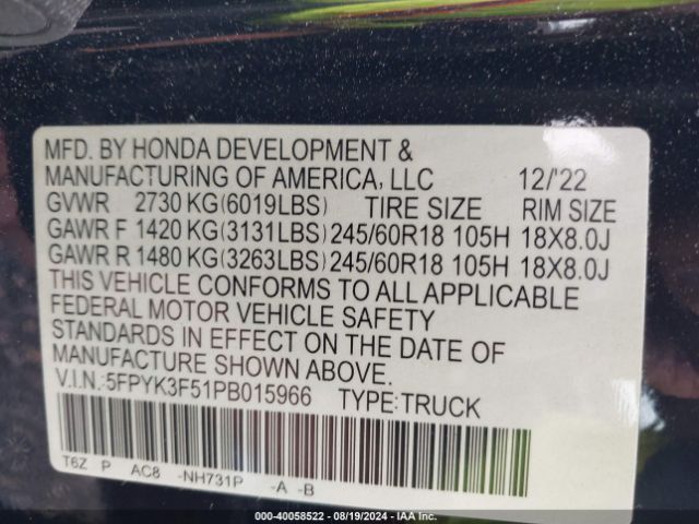 Photo 8 VIN: 5FPYK3F51PB015966 - HONDA RIDGELINE 