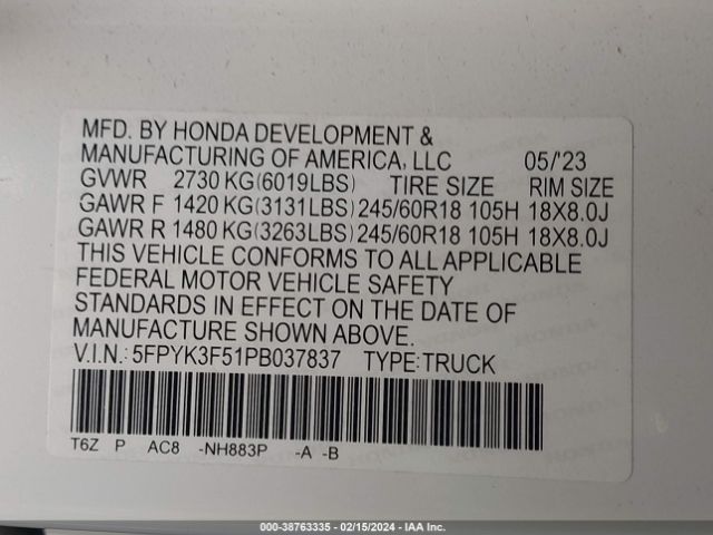 Photo 8 VIN: 5FPYK3F51PB037837 - HONDA RIDGELINE 