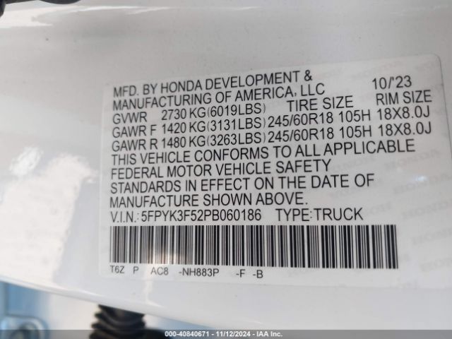 Photo 8 VIN: 5FPYK3F52PB060186 - HONDA RIDGELINE 