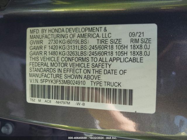 Photo 8 VIN: 5FPYK3F53MB024910 - HONDA RIDGELINE 