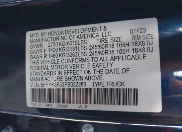 Photo 8 VIN: 5FPYK3F53PB022286 - HONDA RIDGELINE 