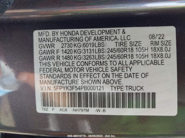 Photo 8 VIN: 5FPYK3F54PB000121 - HONDA RIDGELINE 