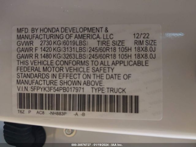 Photo 8 VIN: 5FPYK3F54PB017971 - HONDA RIDGELINE 