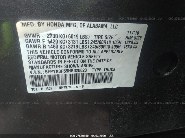 Photo 8 VIN: 5FPYK3F55HB020623 - HONDA RIDGELINE 