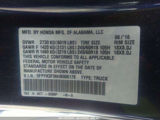 Photo 8 VIN: 5FPYK3F56HB006178 - HONDA RIDGELINE 