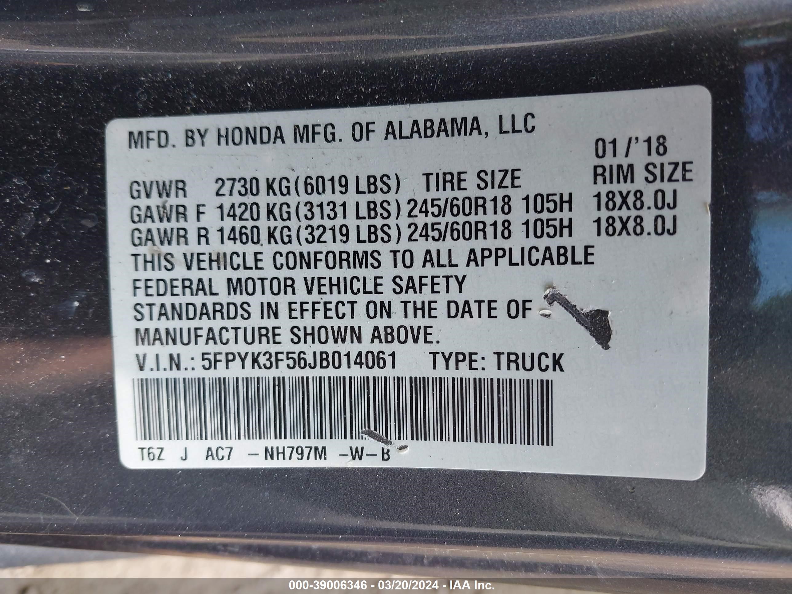 Photo 8 VIN: 5FPYK3F56JB014061 - HONDA RIDGELINE 