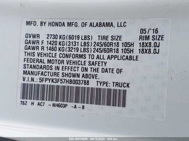 Photo 8 VIN: 5FPYK3F57HB003788 - HONDA RIDGELINE 