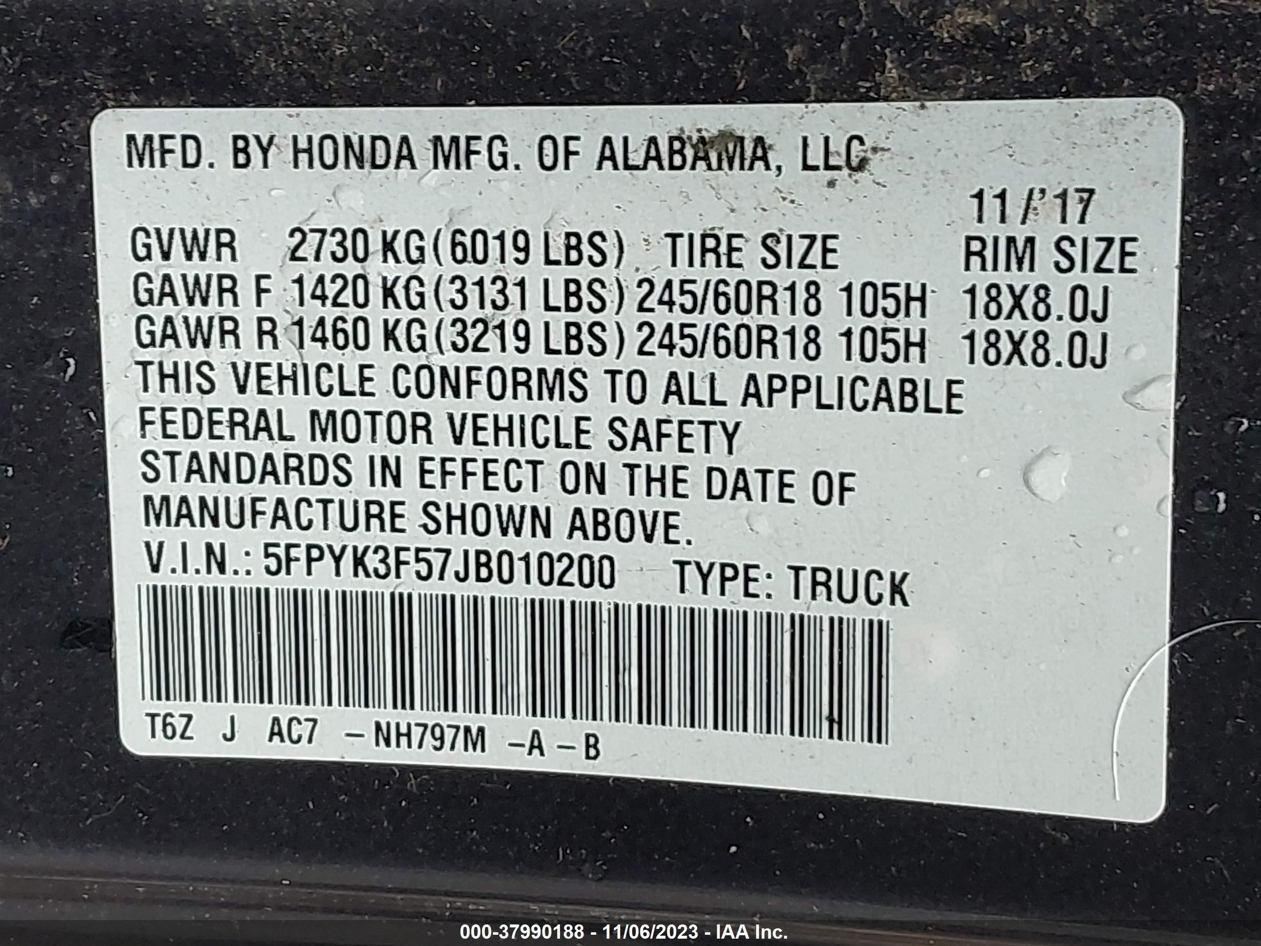 Photo 8 VIN: 5FPYK3F57JB010200 - HONDA RIDGELINE 