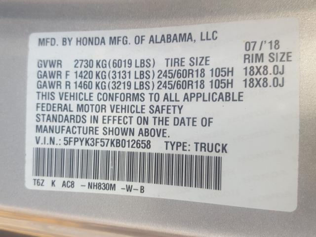 Photo 9 VIN: 5FPYK3F57KB012658 - HONDA RIDGELINE 