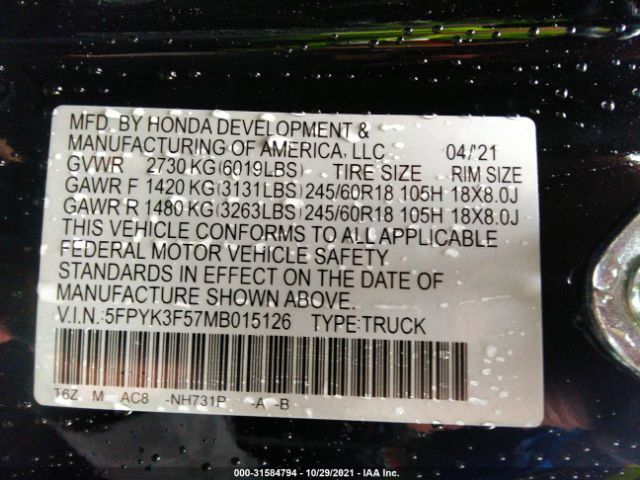 Photo 8 VIN: 5FPYK3F57MB015126 - HONDA RIDGELINE 