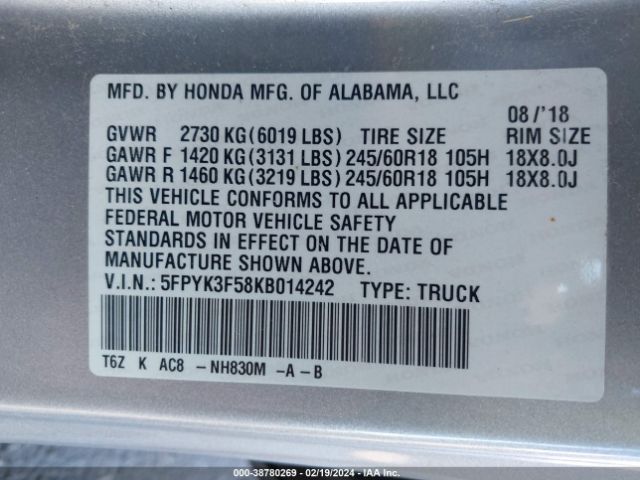 Photo 8 VIN: 5FPYK3F58KB014242 - HONDA RIDGELINE 