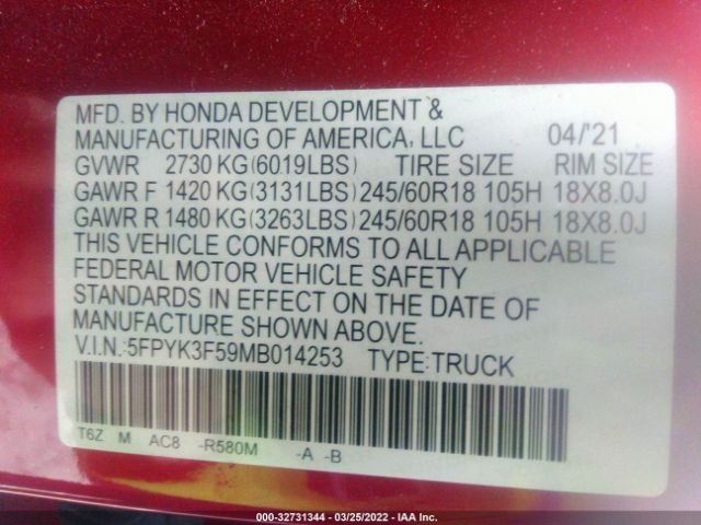 Photo 8 VIN: 5FPYK3F59MB014253 - HONDA RIDGELINE 