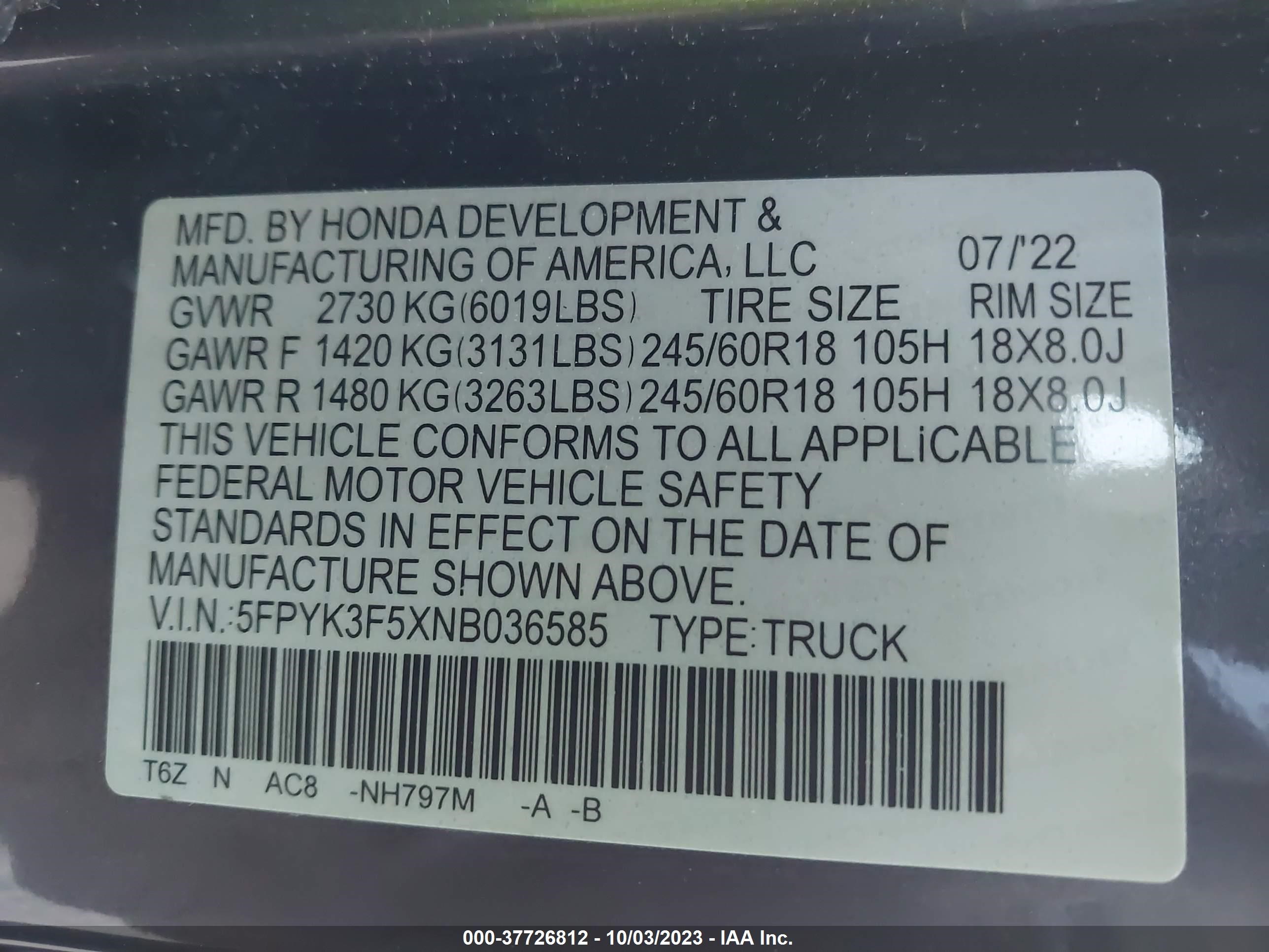 Photo 8 VIN: 5FPYK3F5XNB036585 - HONDA RIDGELINE 