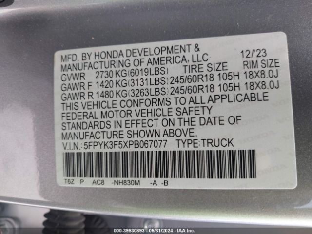 Photo 8 VIN: 5FPYK3F5XPB067077 - HONDA RIDGELINE 