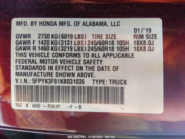 Photo 8 VIN: 5FPYK3F61KB031036 - HONDA RIDGELINE 