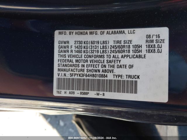 Photo 8 VIN: 5FPYK3F64HB010884 - HONDA RIDGELINE 