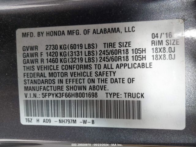 Photo 8 VIN: 5FPYK3F66HB001698 - HONDA RIDGELINE 