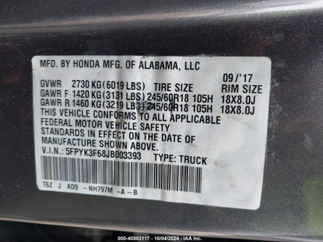 Photo 8 VIN: 5FPYK3F68JB003393 - HONDA RIDGELINE 