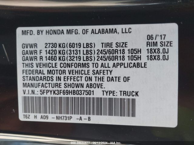 Photo 8 VIN: 5FPYK3F69HB037501 - HONDA RIDGELINE 